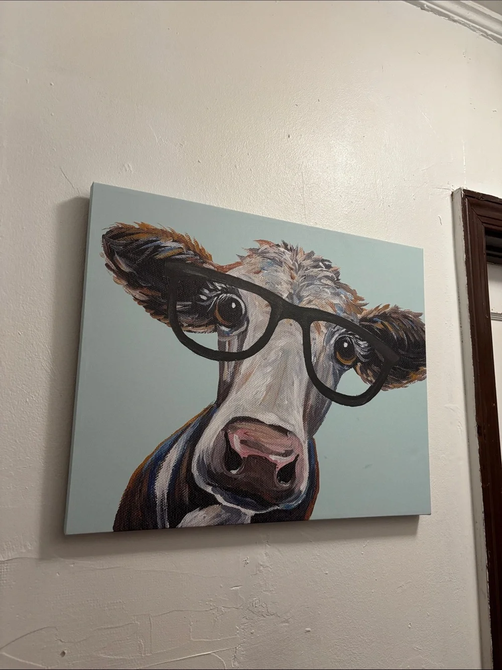 Cow Portrait Canvas Wall Art - Blue Background, Black Glasses